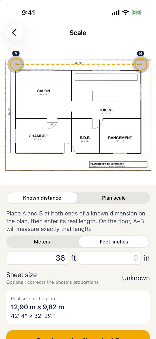 Landmarks A and B on the 36-foot dimension