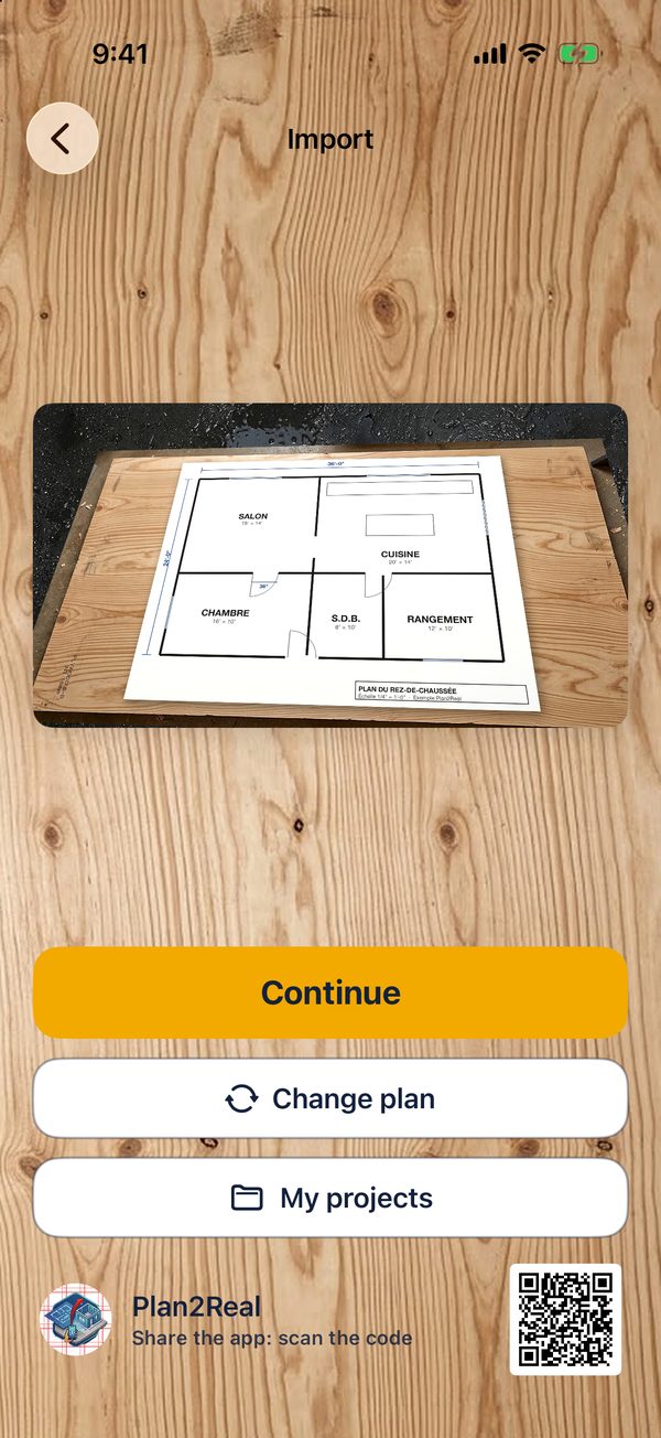 Import screen on a plywood background, with the photographed plan
