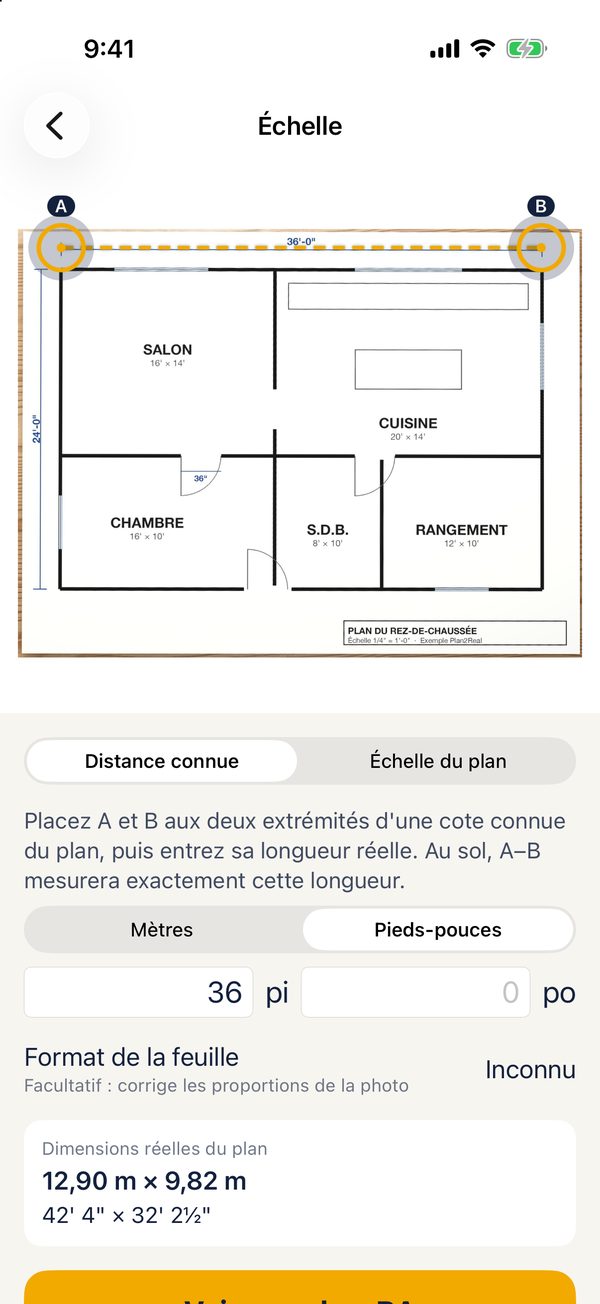 Repères A et B posés sur la cote de 36 pieds